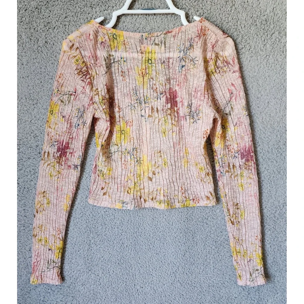 Free People Angelina Floral Print Semi Sheer Crop‎ Top Women Large Long Sleeve